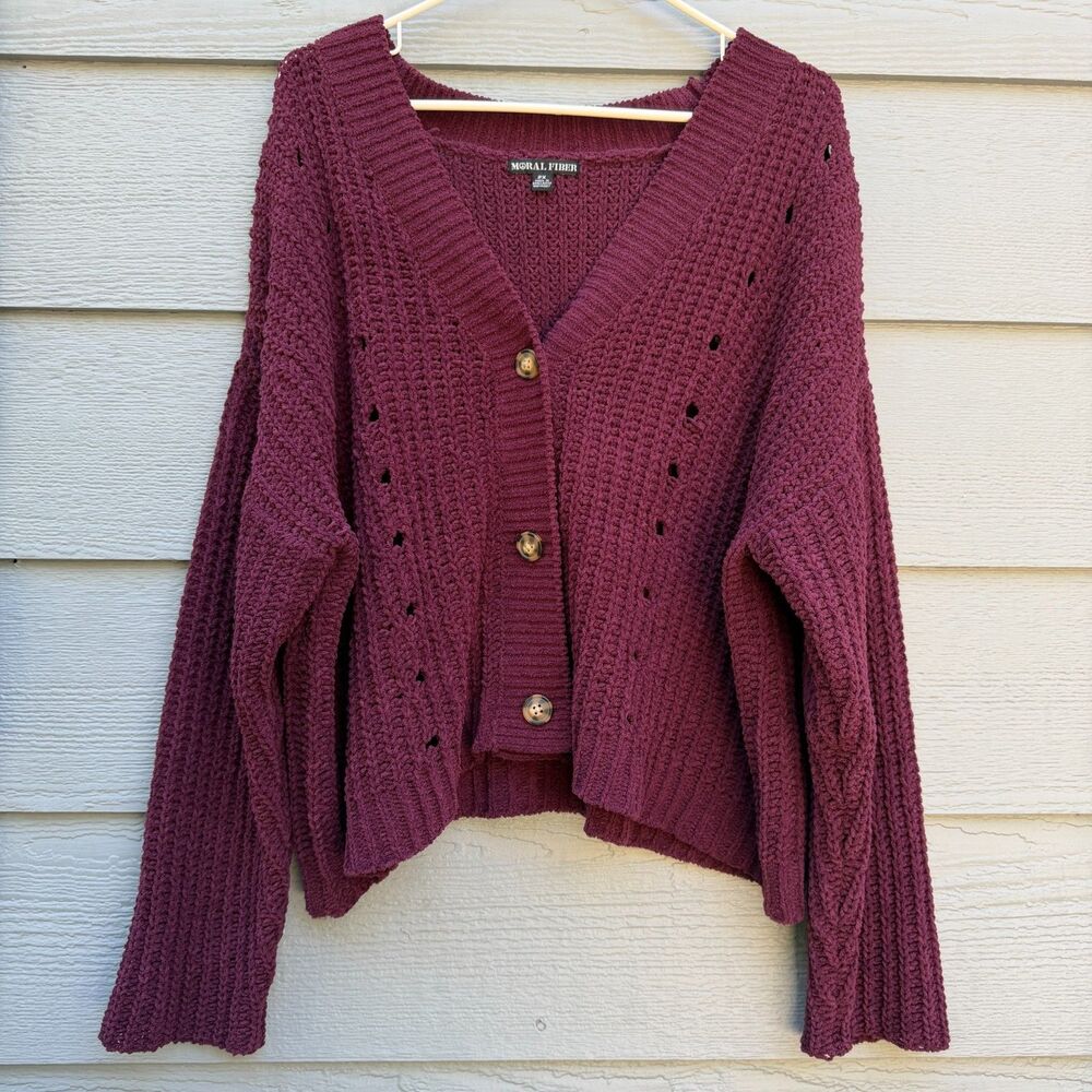 Moral Fiber 2XL Cropped Cardigan Womens Burgundy Viscose Blend Button Knit Sweat